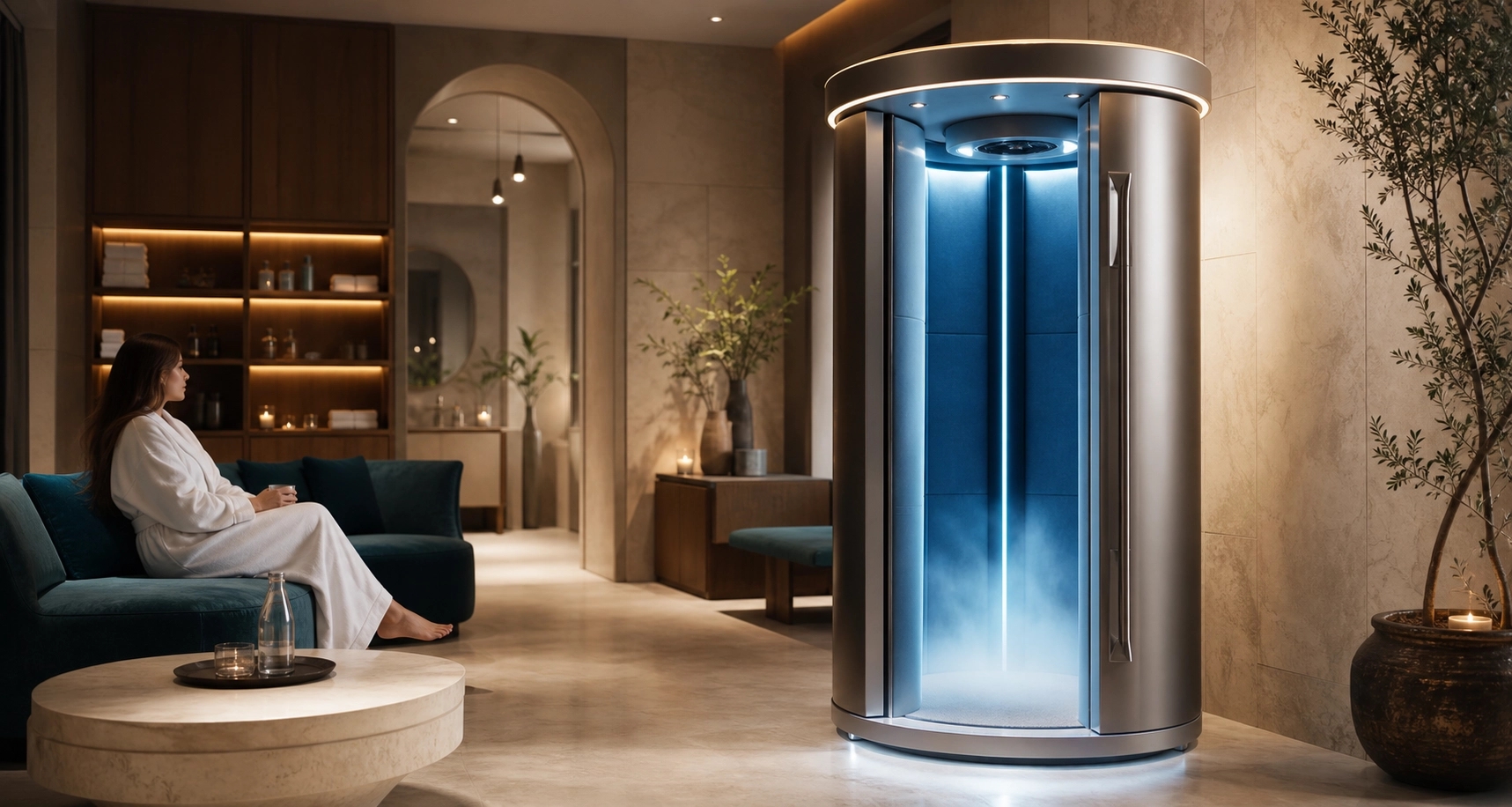 Unmarkierte Cryo-Kammer in einer hochwertigen Longevity-Suite
